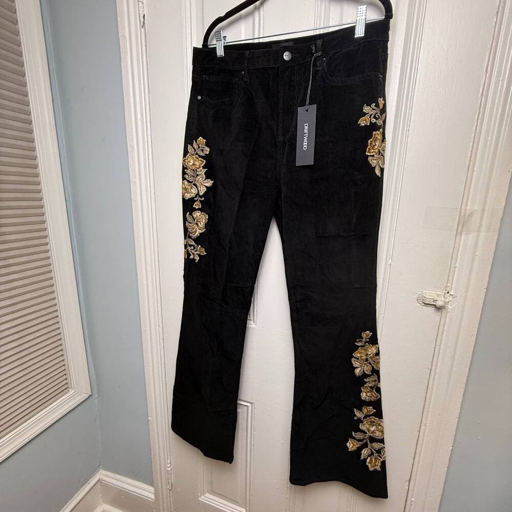 Driftwood Wyatt Womens Embroidered Corduroy Bootcut Pants Black Size 14 L32